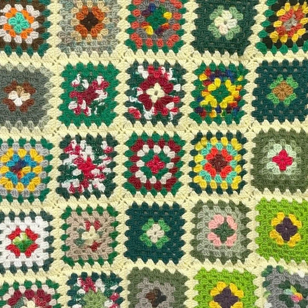 Handmade Granny Square Crochet Blanket Throw Yellow Trim Colorful Boho 72